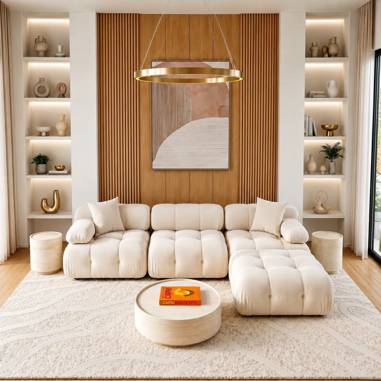 A sculptural off-white sectional in a layered Miami living room